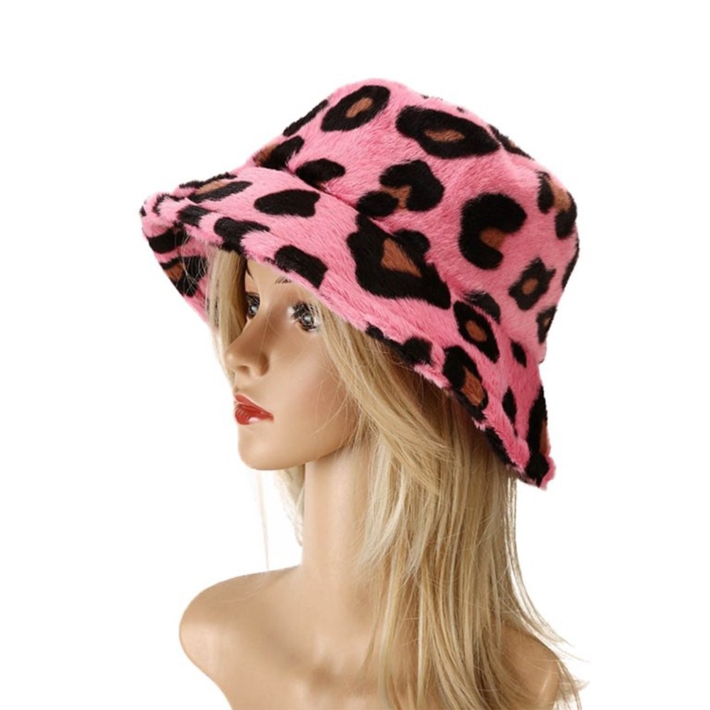 Pink Leopard Print Faux Fur Fluffy Plush Festival Statement Winter Bucket Hat - Picture 2 of 3